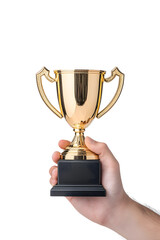 A hand holding a champion golden cup isolated on white background
