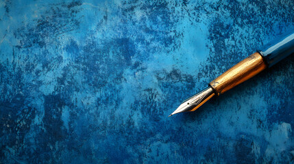 Landscape with a fountain pen on a blue background