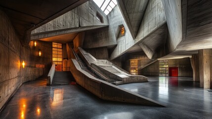 Modern concrete architecture interior with stairs, ramps, and dramatic lighting.