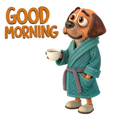 Animated dog in a dressing gown with a cup of coffee and the inscription "Good Morning".