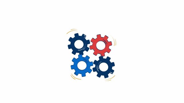Collaborative effort teamwork cogs doodle animation. Problem solving 4K video motion graphic. Four diverse hands turning interlocked gears animated 2D flat cartoon concept, white background