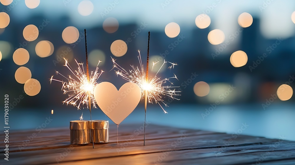 Poster two heart shaped sparklers burning brightly casting a warm romantic glow in a cozy dimly lit room th