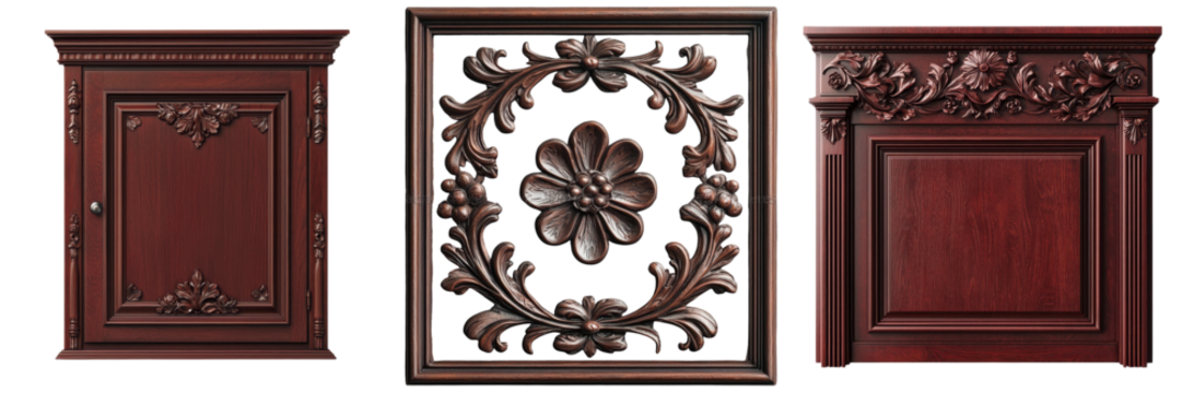 Beautifully carved and intricately detailed wooden panels featuring ornate floral and baroque inspired decorative elements