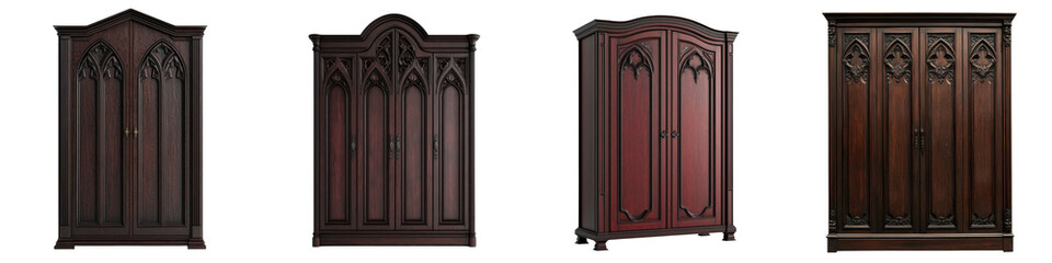 Ornate Gothic Style Carved Wooden Antique Armoire or Wardrobe Cabinet in Dark Rich Tones Ideal for Elegant Luxury Interior Decor and Furnishings in a Historic Royal or Aristocratic Setting