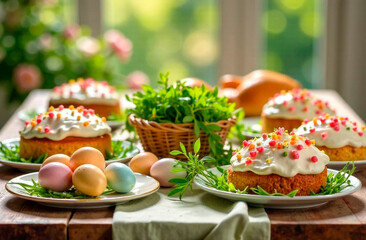 Easter cake, tulip and colorful eggs on kitchen table, against a blurred background of daylight from the window. Easter traditions, interior, anticipation of the holiday.