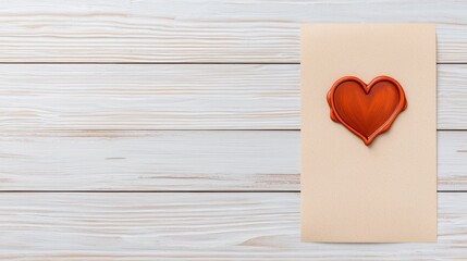 Fototapeta premium A heart-shaped seal in red wax is placed on a tan card, resting on a light wooden surface, evoking feelings of love and sentimentality.