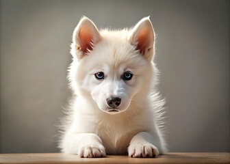 A fluffy white husky puppy's downward gaze melts hearts in this adorable pet portrait.