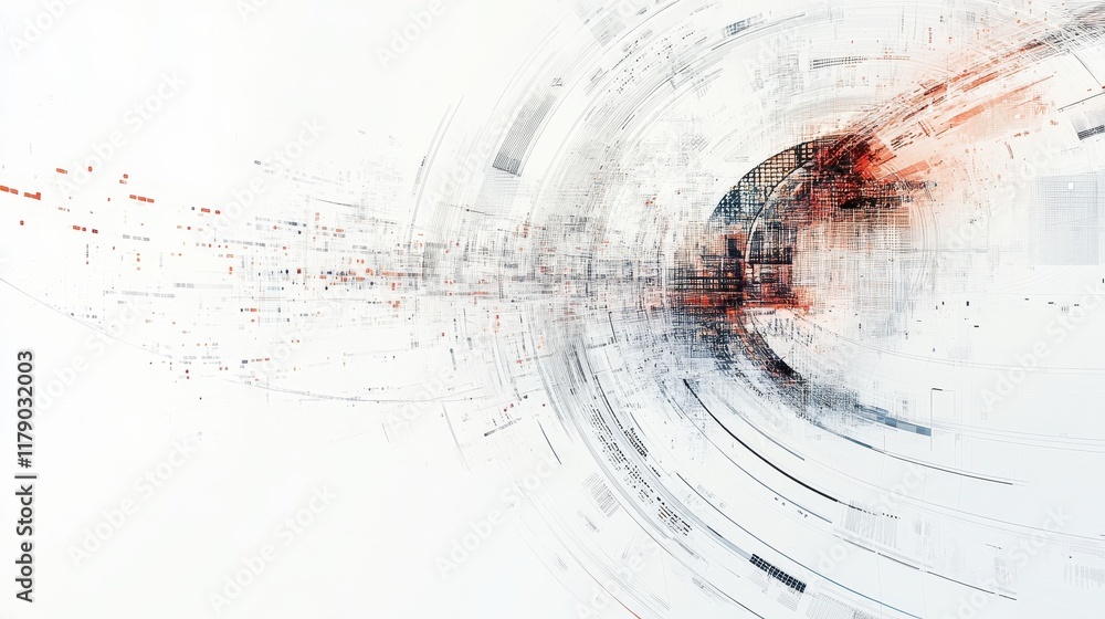 Poster minimalist abstract tech: global communication and data analysis on white background, cyber explorat