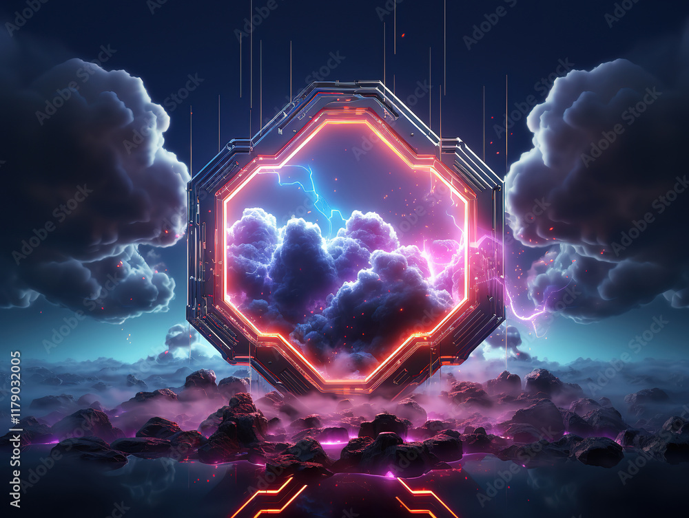Poster fantastic abstract neon background with stormy cloud and hexagonal frame glowing with colorful light