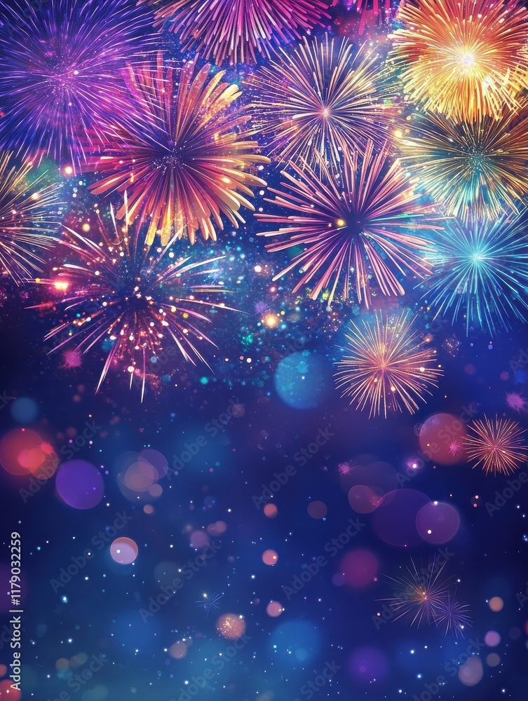 Poster many multicolored fireworks exploding in the sky at night