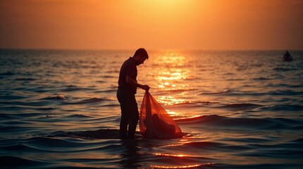 Fototapeta premium Woman holding plastic bottle at sunset on beach