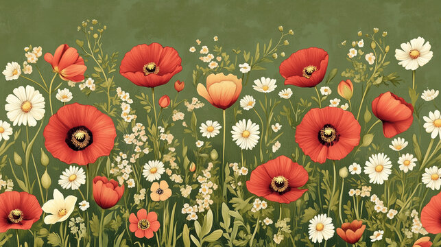 Red and white flower background in vintage style. Floral wallaper.