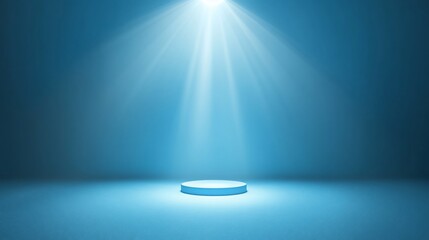 Illuminated circular pedestal on blue background.