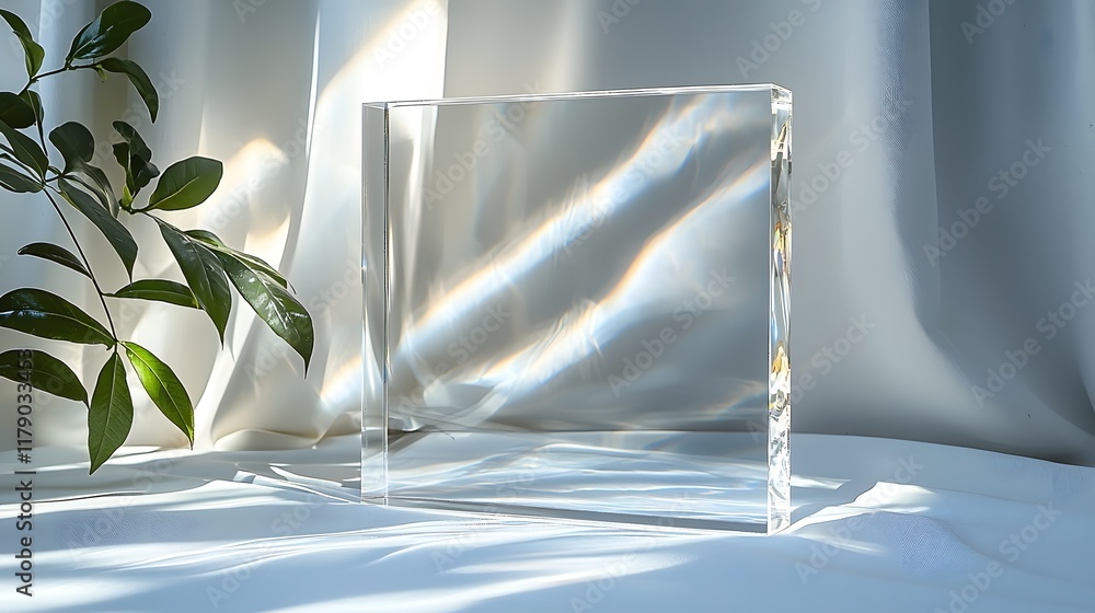 Poster transparent acrylic frame floating on soft gray background with light reflections