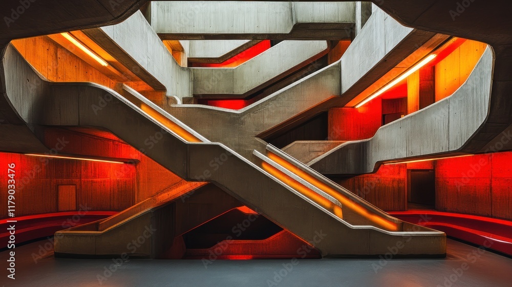 Aufkleber abstract concrete architecture with red and orange lighting, showcasing intersecting staircases and 