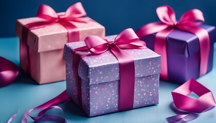 Obraz premium Gift boxes with violet and pink ribbons on blue background 