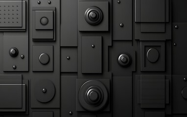 Abstract black geometric shapes and buttons texture.