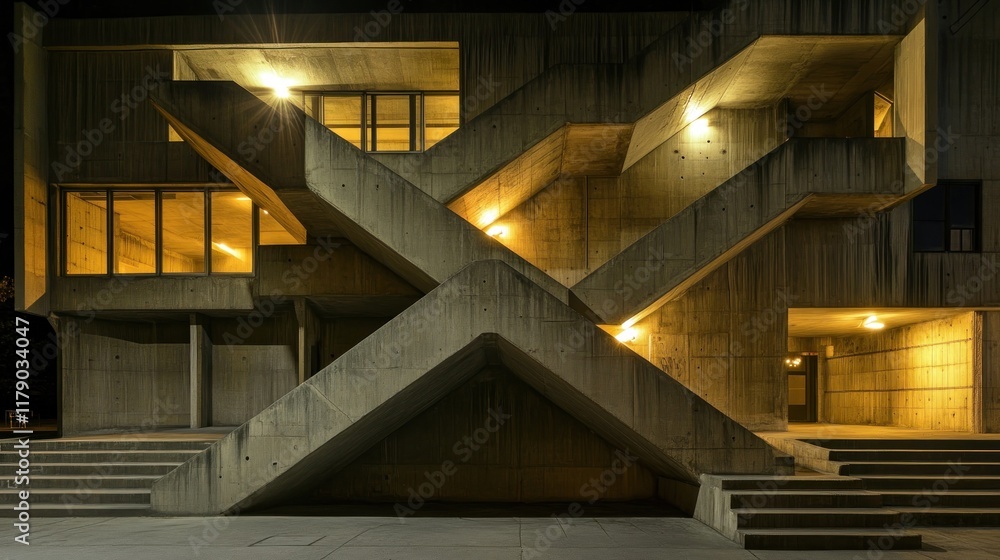 Aufkleber night view of a modern concrete building with intersecting staircases and illuminated windows.