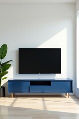 Modern empty room with a dark blue TV cabinet against a plain white wall, devoid of clutter or furniture, minimalist design, modern furniture, empty room
