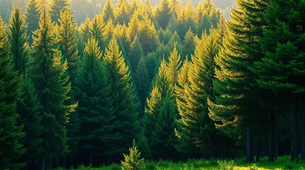 Sunlight through trees in a dense forest