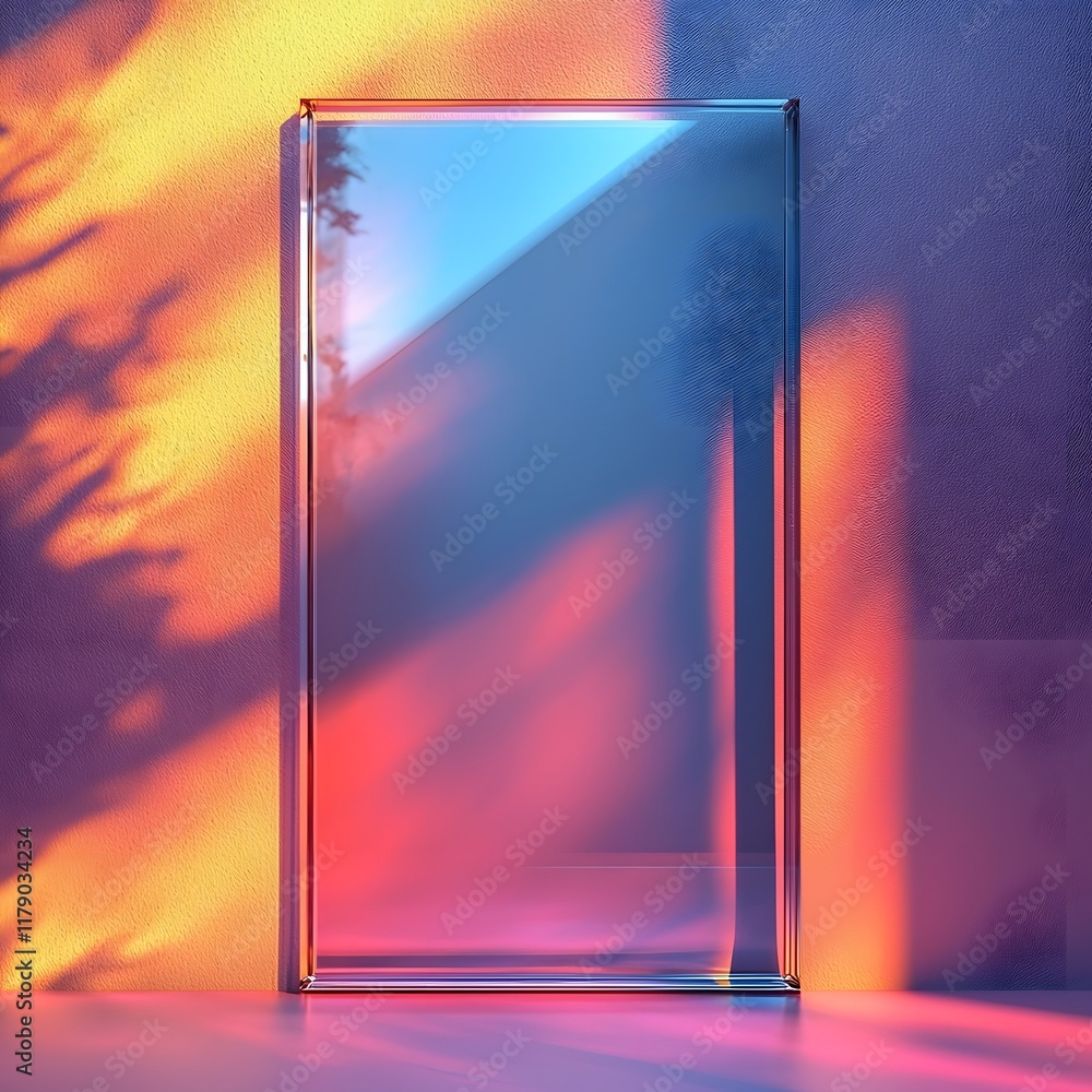 Poster transparent glass frame with sharp edges on soft pastel backdrop evoking lightness and modernity
