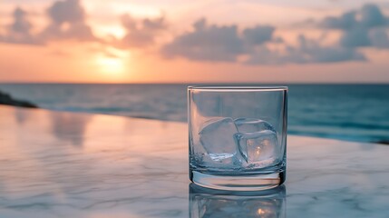 A glass of ice cube resting on a marble countertop with a distant ocean horizon