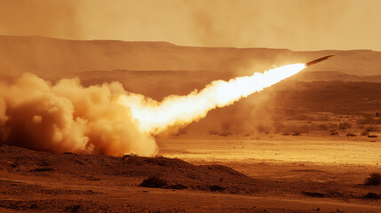 Desert Rocket Launch : Missile Igniting the Skies Amidst Arid Terrain