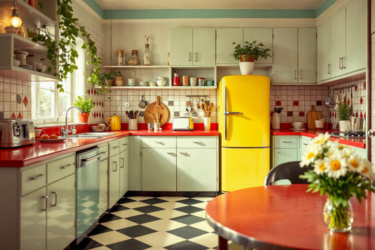 Retro kitchen interior with yellow refrigerator, red countertops, black and white checkered floor, white cabinets, fresh daisies and indoor plants in sunny room