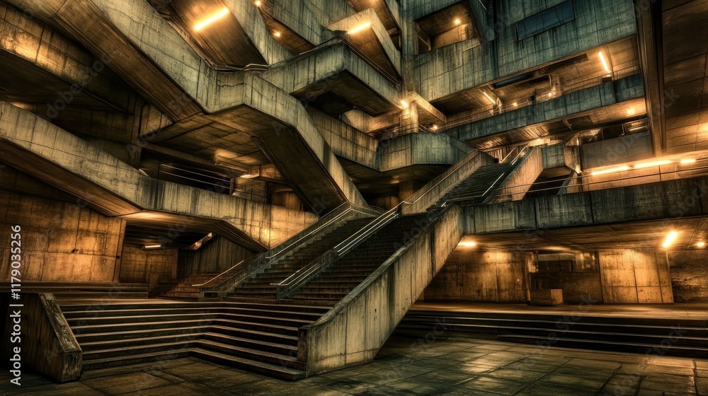 Poster intricate concrete structure with illuminated staircases and walkways at night.