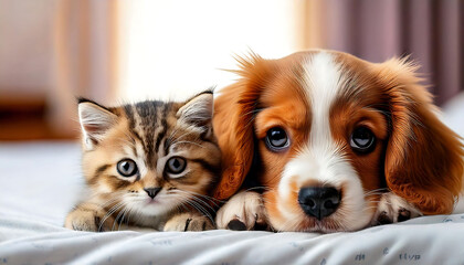 Adorable kitten and puppy cuddling on a soft bed.  Perfect for pet-related websites, blogs, and social media.  High-resolution image with a soft focus background, ideal for print and digital use.