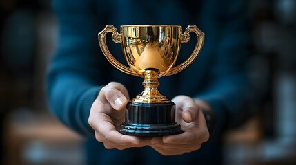Business Manager Presenting Golden Trophy to Top Performing Employee in Modern Office