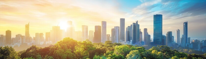 Magnificent cityscape, towering skyscrapers and lush green trees in harmony urban