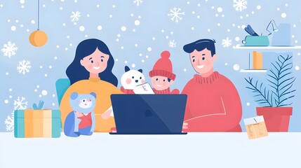 A family bonding moment, planning their financial future together on a laptop, surrounded by cozy winter vibes