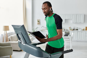 Focused digital nomad exercises while planning in a modern home environment with a treadmill