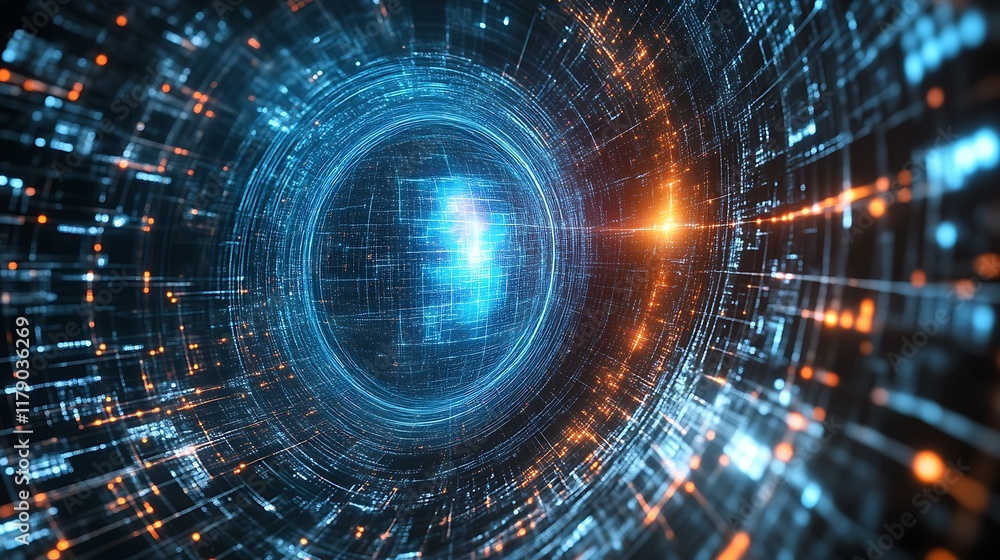 Poster abstract digital sphere rotating in a cyber tunnel