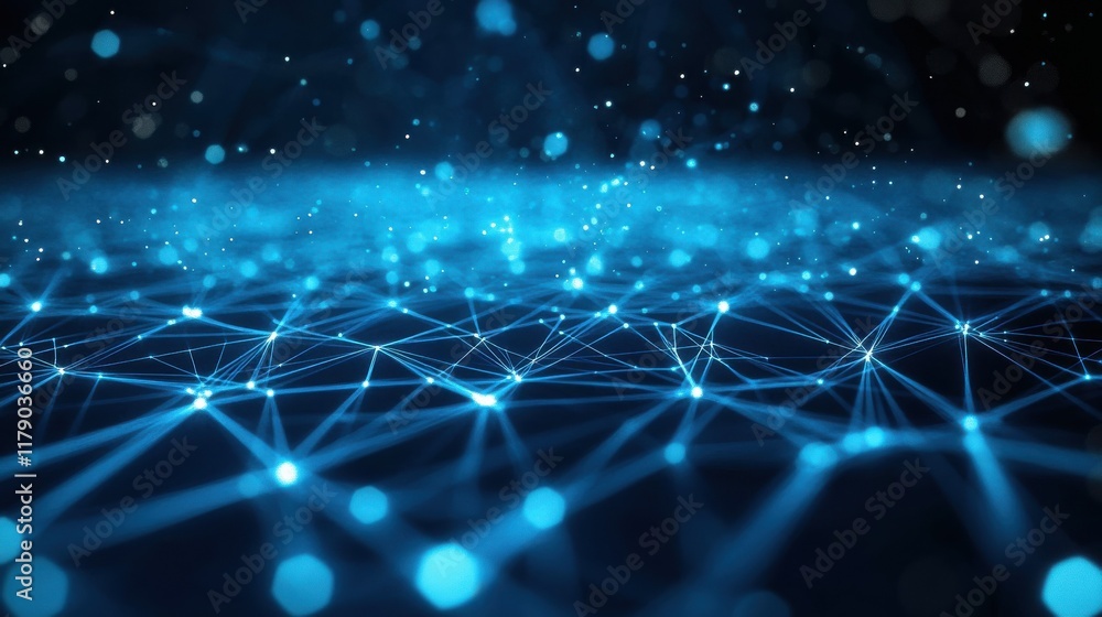 Poster a digital abstract background featuring a geometric pattern of glowing blue and white lines on a dar