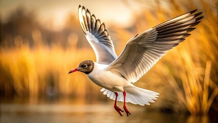 Obraz premium Close-up: Black-headed gull in flight, vintage style. Larus ridibundus soaring.