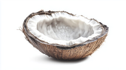 Pojedynczy kokos na białym tle, wyróżniający się szczegółową teksturą swojej skorupy, z naturalnym pięknem uwiecznionym w pełnej głębi ostrości.