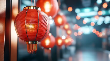 Fototapeta premium A cluster of vibrant traditional red lanterns glowing brightly and illuminating the entrance of a lively Asian cultural festival or The lanterns create a warm