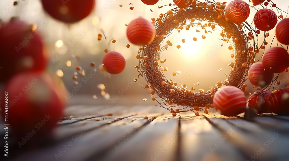 Poster arranged red lanterns forming a spiral pattern against a warm glowing backdrop creating a festive an
