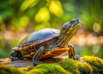 Close-up of a European pond turtle (Emys orbicularis), its shell detailed, showcasing aquatic reptile wildlife.