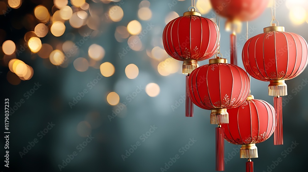 Aufkleber cluster of glowing red chinese lanterns with golden highlights and blurred bokeh background represen