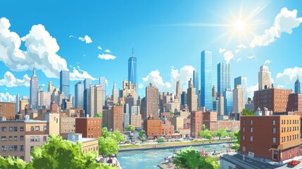 Naklejka premium 108.A panoramic vector background depicting a bustling city under a clear blue sky. The skyline is filled with diverse architecture, from modern glass towers to classic brick buildings. The sun