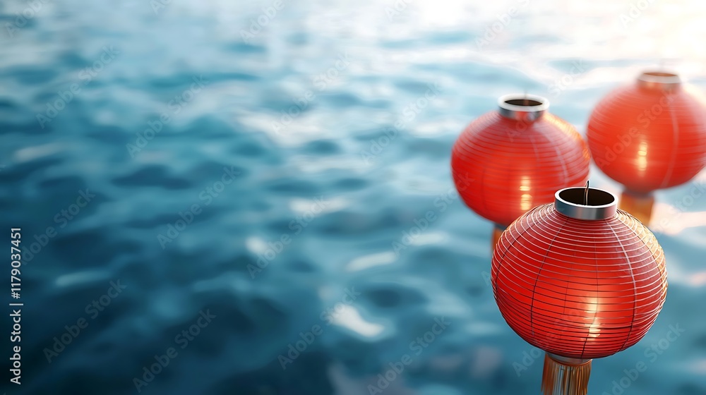 Poster cluster of glowing red lanterns floating serenely above the reflective surface of a body of water at