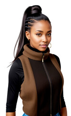 Portrait of a beautiful modest black American woman in a Christmas-themed winter vest. Cut out