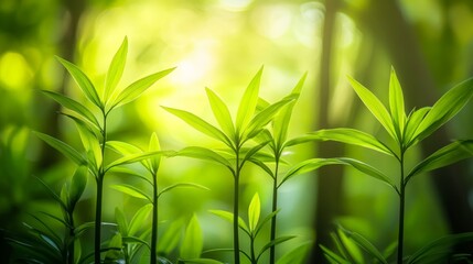 Vibrant Green Plants Thrive in Sunlight, Creating a Serene Natural Background with Copy Space