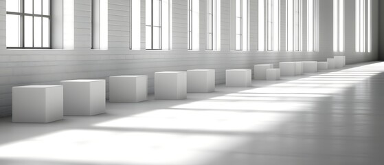 Minimalist white cubes in a bright hall.