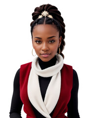 Portrait of a beautiful modest black American woman in a Christmas-themed winter vest. Cut out