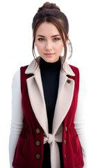 Portrait of a beautiful modest American woman in a Christmas-themed winter vest. Cut out