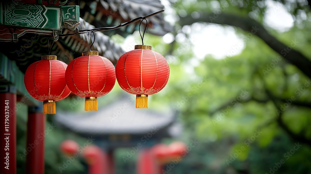 Aufkleber cluster of vibrant red chinese lanterns swaying gently under the canopy of a traditional oriental st